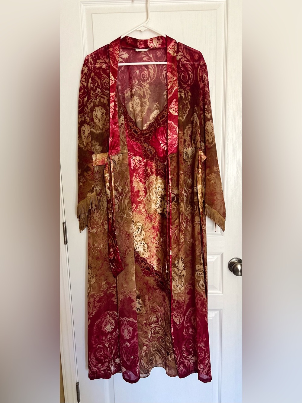Vintage 1990s Burgundy Floral Lingerie Set -Front Tie Robe with Matching Slip